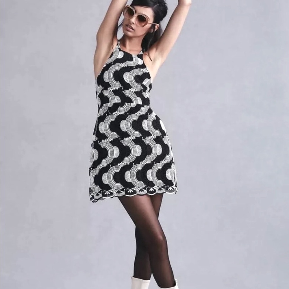 Maeve by Anthropologie Chic Black White Patterned Halter CC Open Back Mini Dress